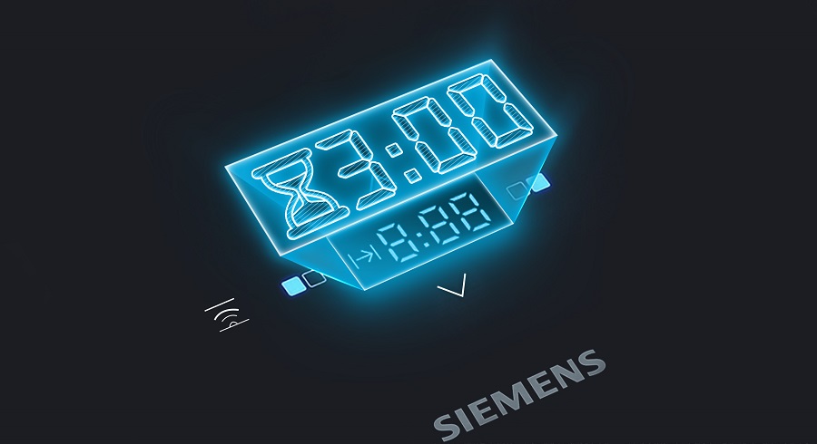 Grafika cyfrowego zegara w stylu neonowym z logo Siemens, symbolizująca funkcję timera.