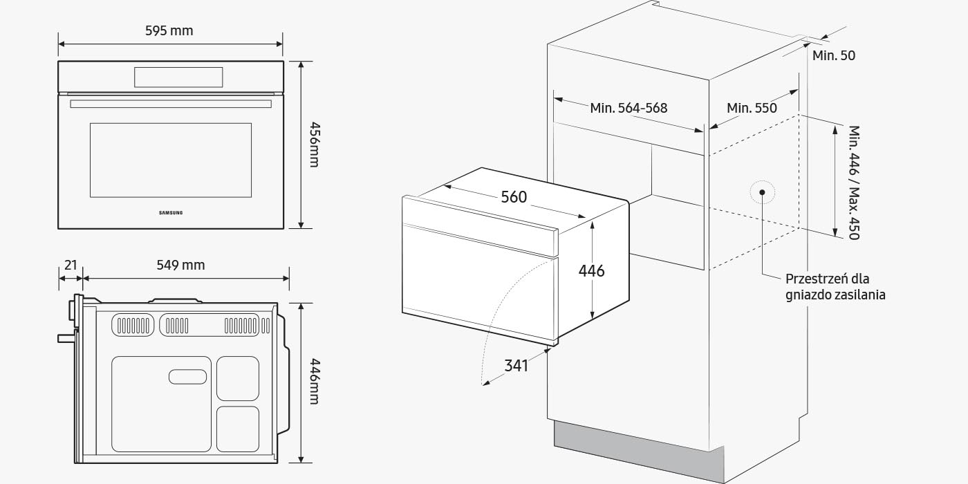 Schemat techniczny przedstawiający wymiary kuchenki Samsung NQ5B4313IBK