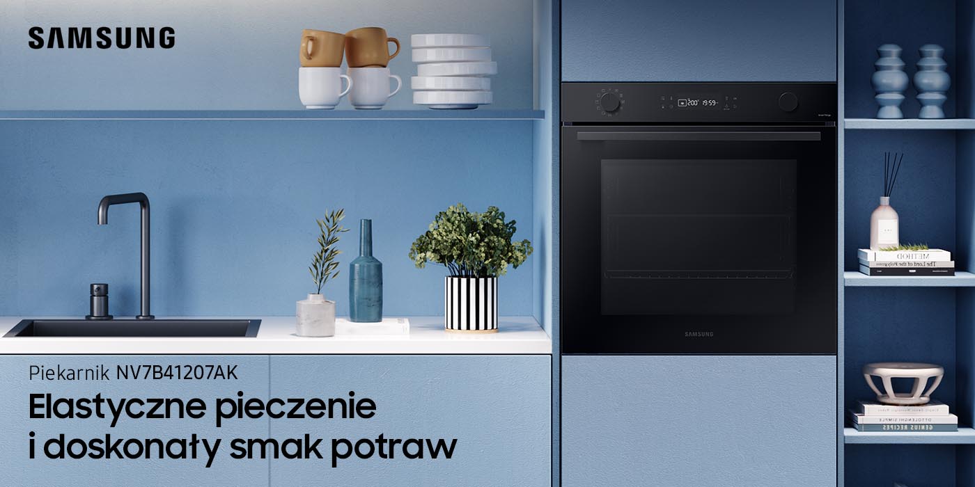 Piekarnik Samsung NV7B41207AK/U2 w błękitnej zabudowie kuchennej