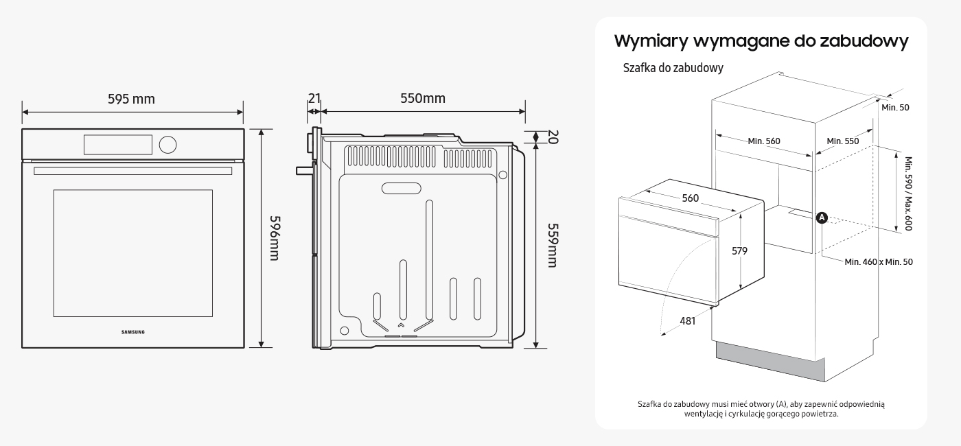 Schemat przedstawiający wymiary do zabudowy, z którymi warto się zapoznać przed instalacją piekarnika Samsung