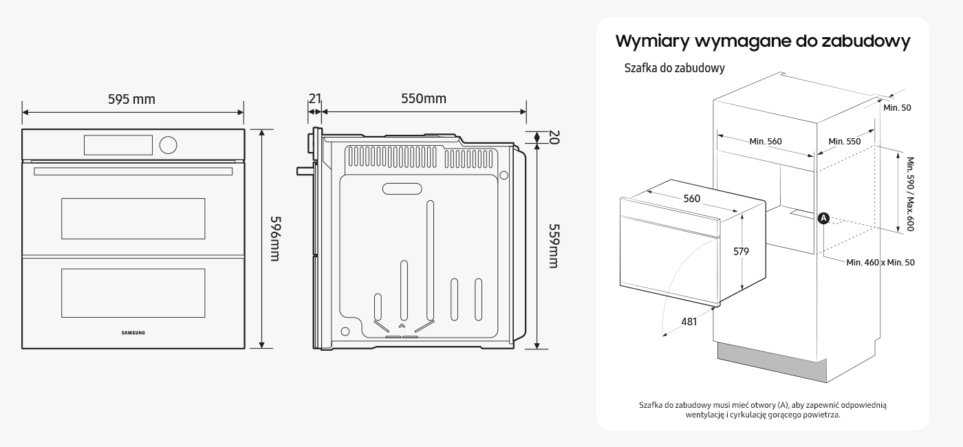 Rysunek techniczny z wymiarami piekarnika NV7B45251AK