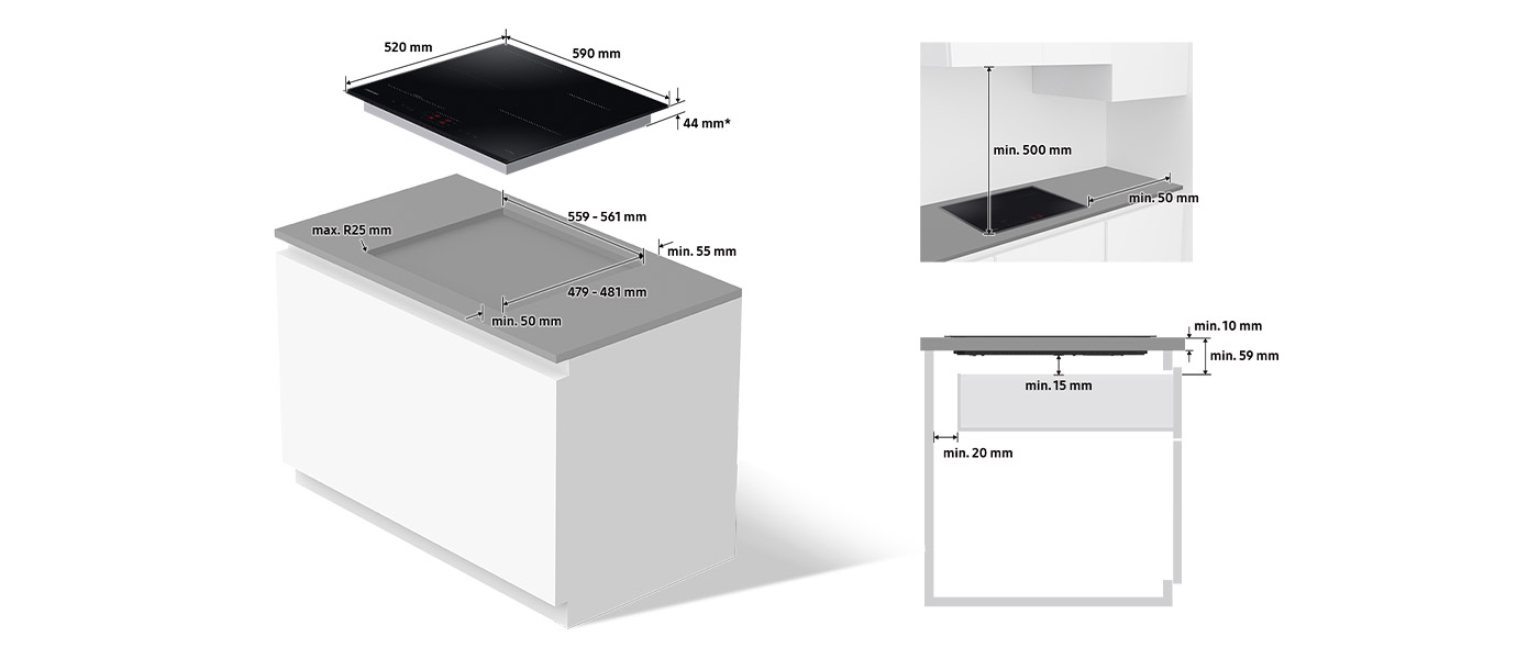 Rysunek techniczny pokazuje wymiary oraz sposób montażu płyty Samsung Slim Fit NZ64B5045GK