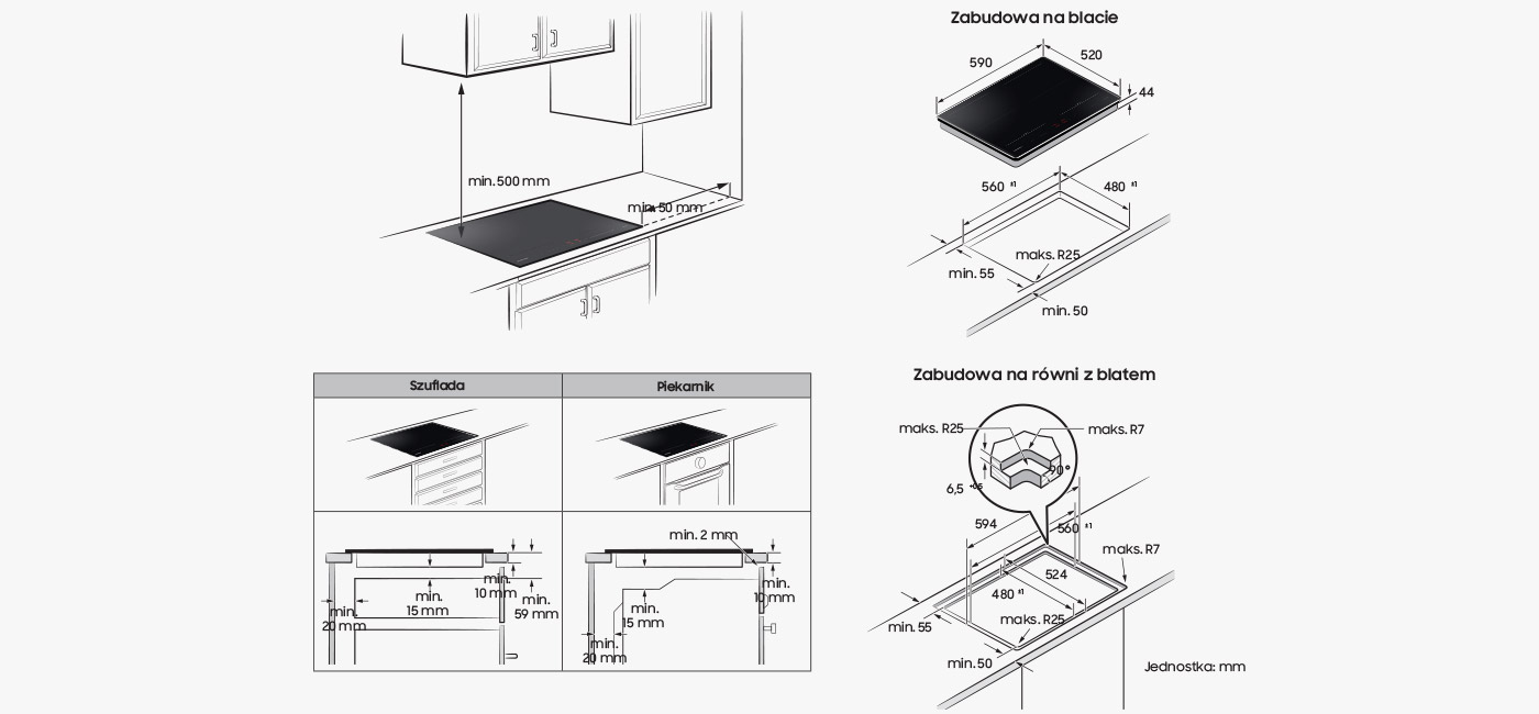 Na rysunku technicznym pokazano wymiary oraz sposób montażu płyty  Samsung Slim Fit NZ64B5066FK 