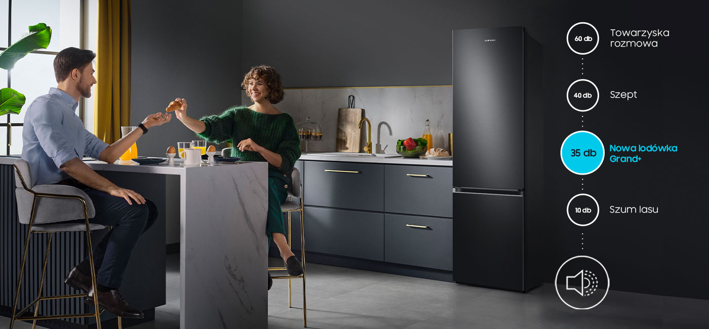 Na infografice przedstawiono informację, że lodówka Samsung RB38C603DB1 działa ciszej od szeptu czy rozmowy Na infografice przedstawiono informację, że lodówka Samsung RB38C603DB1 działa ciszej od szeptu czy rozmowy