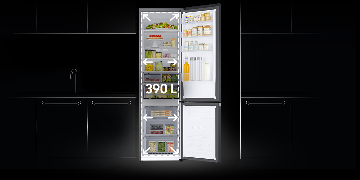 Graficznie pokazana powiększona przestrzeń chłodziarko-zamrażarki Samsung Graficznie pokazana powiększona przestrzeń chłodziarko-zamrażarki Samsung