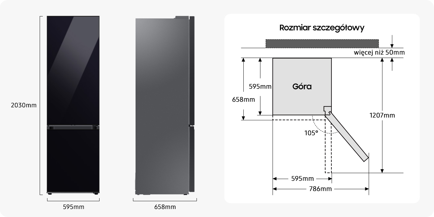 Schemat z wymiarami lodówki Samsung