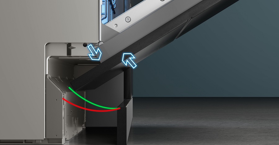 Sposób działania zawasów Vario - idelanie spasowanie z szafkami przy uchleniu drzwi zmywarki.