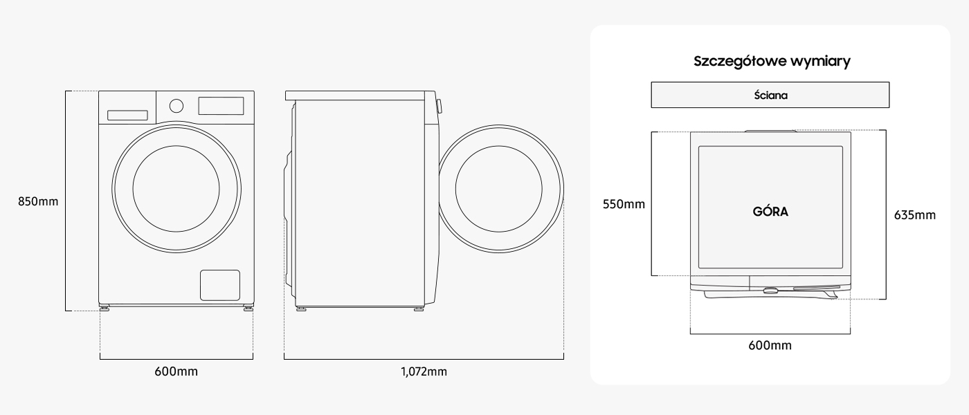 Wymiary pralki EcoBubble AI Energy WW90CGC04DAH marki Samsung 