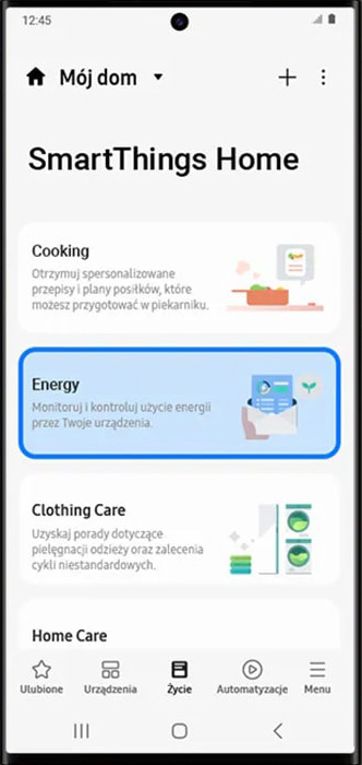 Moduł ,,Energy" w aplikacji SmartThings pralki EcoBubble AI Energy WW90CGC04DAH marki Samsung