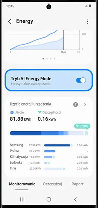 Tryb ,,AI Energy Mode" w aplikacji SmartThings pralki EcoBubble AI Energy WW90CGC04DAH Samsung