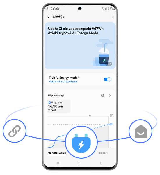 Funkcja Energy w aplikacji SmartThings pralki EcoBubble AI Energy WW90CGC04DAH Samsung