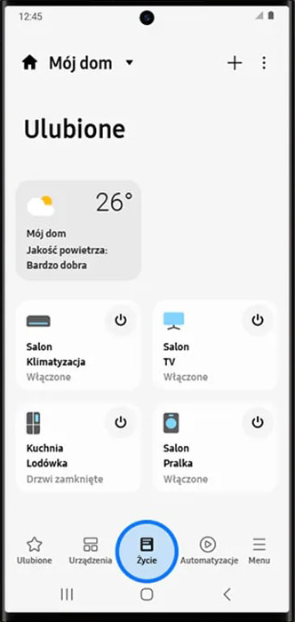 Ikona ,,życie" w aplikacji SmartThings pralki EcoBubble AI Energy WW90CGC04DAH marki Samsung